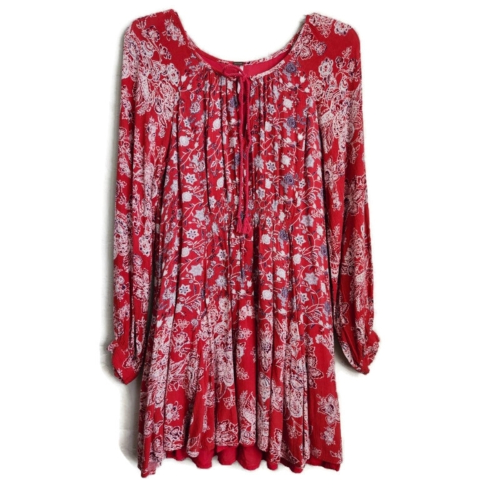 Free People Lucky Loosey Red & White Floral Flowy Crepe Long Sleeve Dress